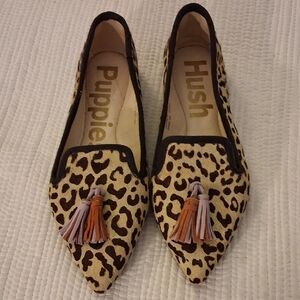 Hush Puppies Leopard Animal Print Fur w Tassel Ballet Flats Pointed Toe Sz 6